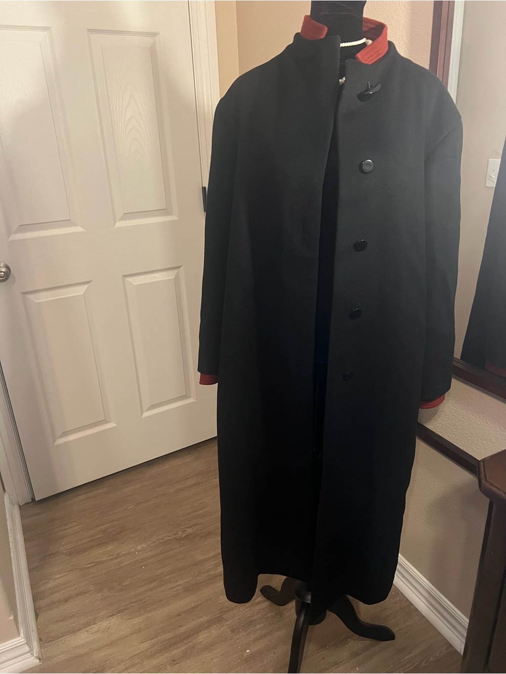 Black Long Trench Coat with Red Trim Classic Overcoat